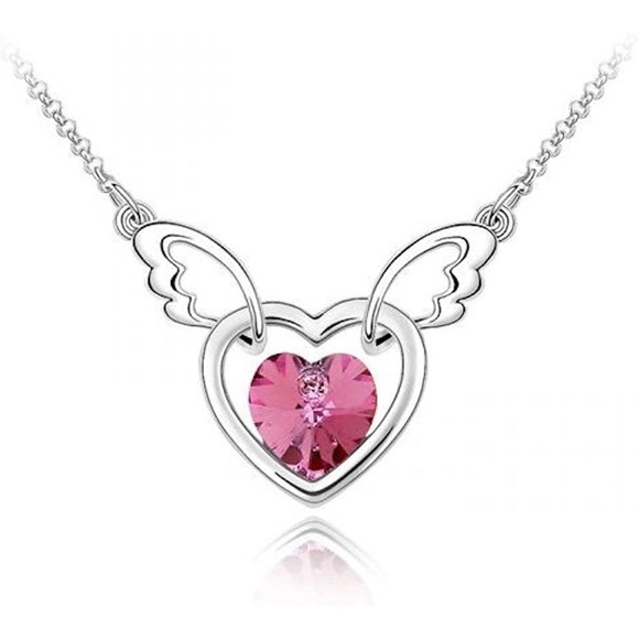 Imitation Dark Pink Crystal Rhinestone Gemstone Angel Wings Heart Necklace - Picture 1 of 11